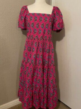 J. Crew Pink Square Neck Puff Sleeve Midi Dress